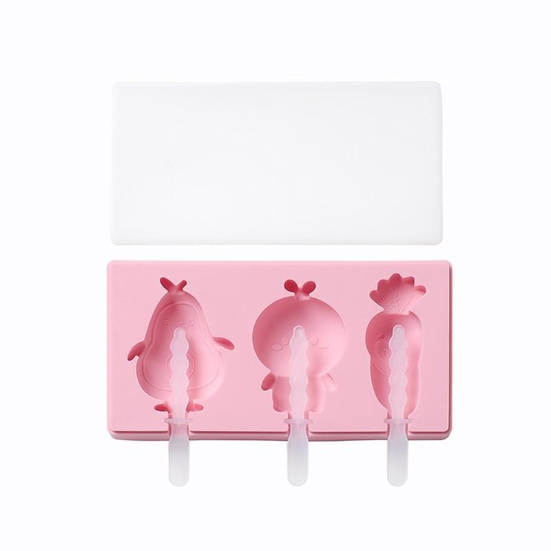 3 PCS Homemade Handmade DIY Cartoon Fruit with Lid Silicone Ice Cream Mold Making Ice Tray, Style:Fruit Vegetable Paradise (Pink)