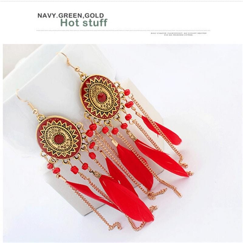 Vintage Ethnic Style Feather Chain Tassel Earrings jewelry (Red)