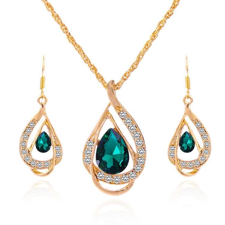 2 Sets Fashion Double Layer Water Drop Crystal Jewelry Sets for Women (Green)