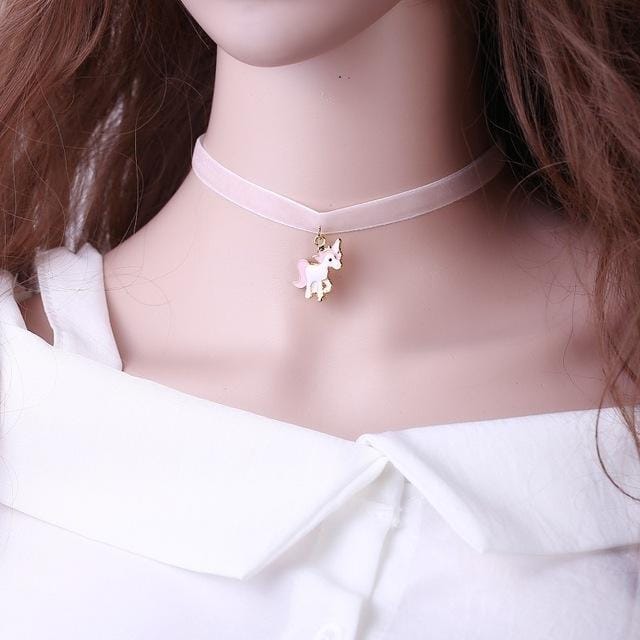 Women Animal Unicorn Lace Choker Necklace Pendant (Pink)