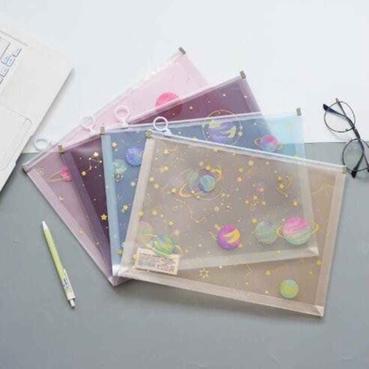 4 PCS Cute Dream Moon Stars Transparent Folder Girl Planet Pull Side Bag Stationery Storage Supplies, Random Color Delivery