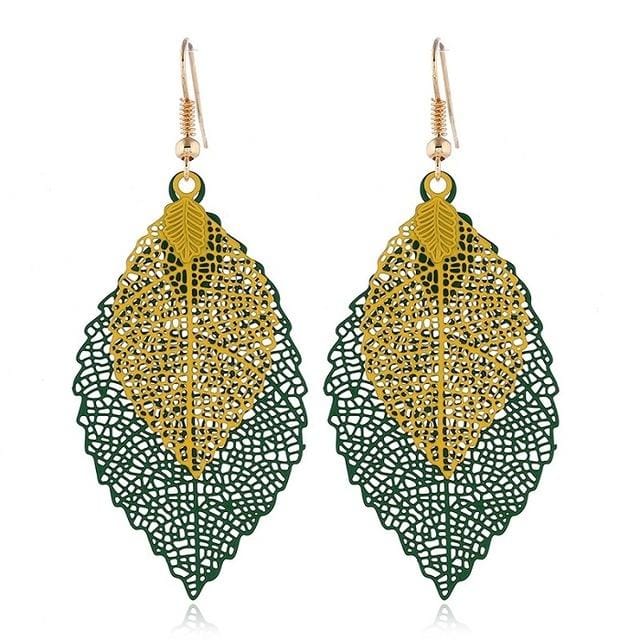 Double-layered Leaves Tassel Earrings Simple Retro Metal Leaf-ears Ornaments (Green Yellow)