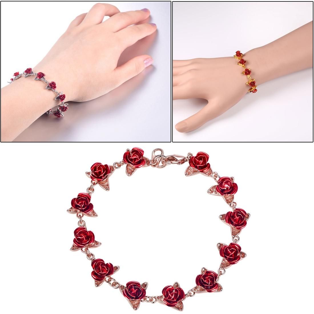 Bracelet Red Rose Flowers Wrist Chain Bracelets For Women (Rose Gold)