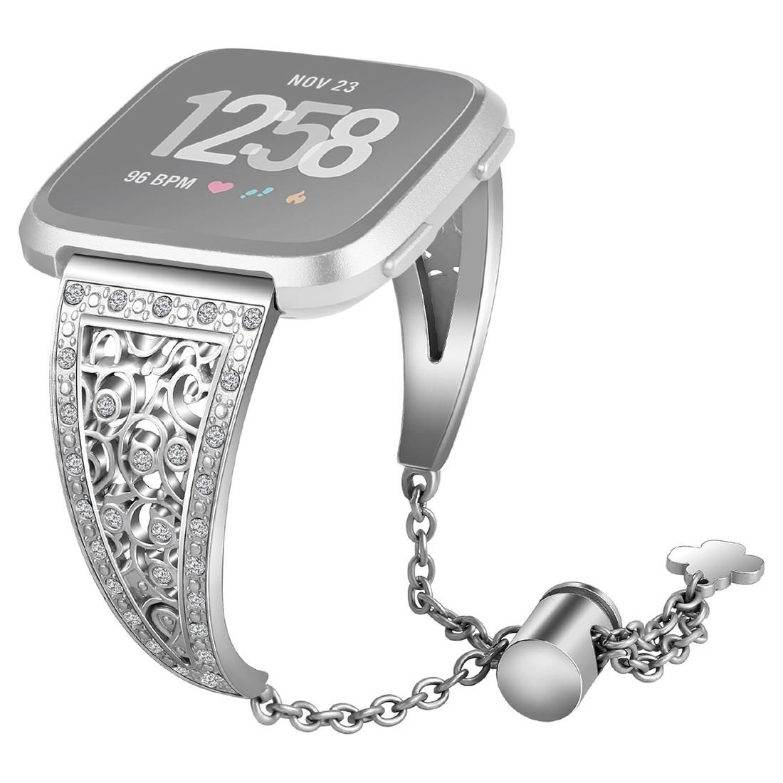 For Fitbit Versa Flower Shape Metal Diamond-studded Chain Wristband Watchband (Silver)