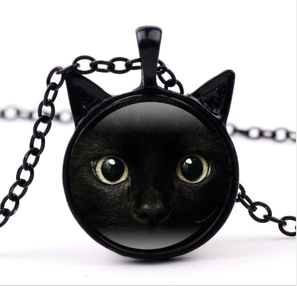 Painting Black Cat with Two Ears Jewelry Glass Cabochon Pendant Necklace (Black)