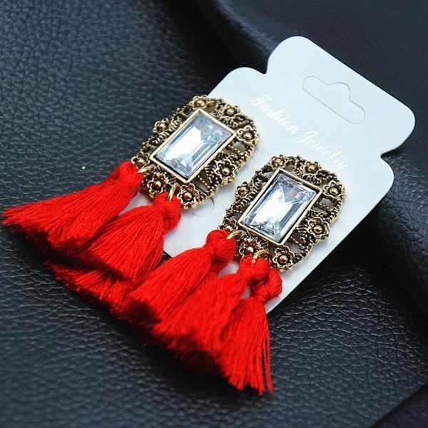 Gemstone Court Fringe Long Earrings Bohemian Tassels Fringe Exaggerated Vintage Stud Earrings (Red)