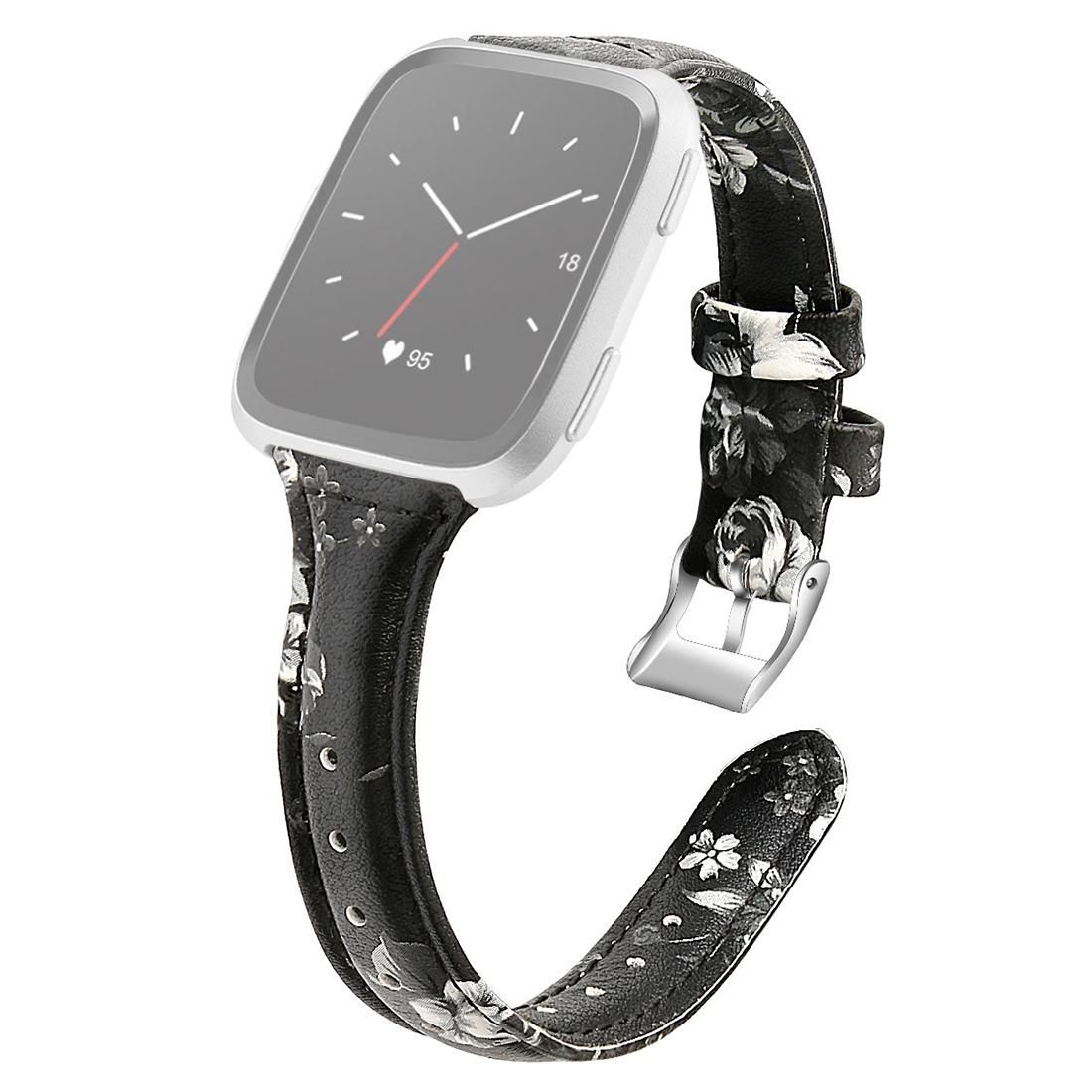 For Fitbit Versa 2 Smart Watch Genuine Leather Wrist Strap Watchband, Shrink Version (Grey Flower)