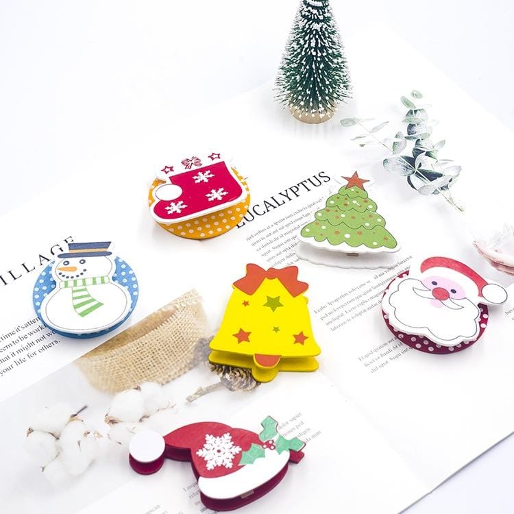 3 PCS Christmas Decorations Wooden Painted Cartoon Christmas Creative Notes Small Clips socks + bells + christmas hats