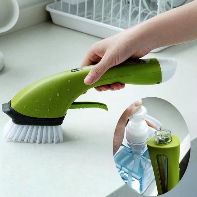 Long Handle Pot Brushes Automatically Add Dishwashing Detergent Tiles Water Spray Cleaning Brushes (Green)