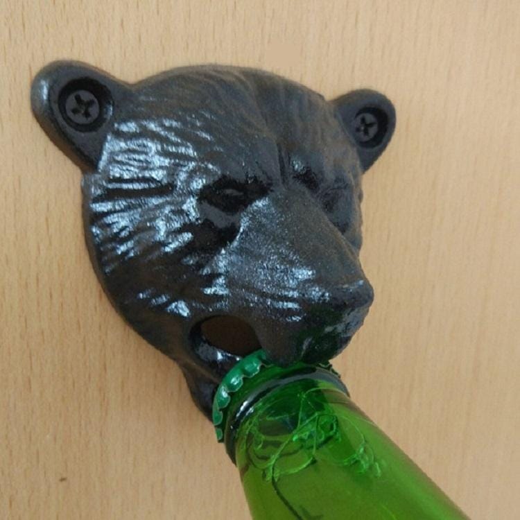 2 PCS Bear Head Cast Iron Wall Corkscrew Metal Antique Beer Corkscrew (Black)