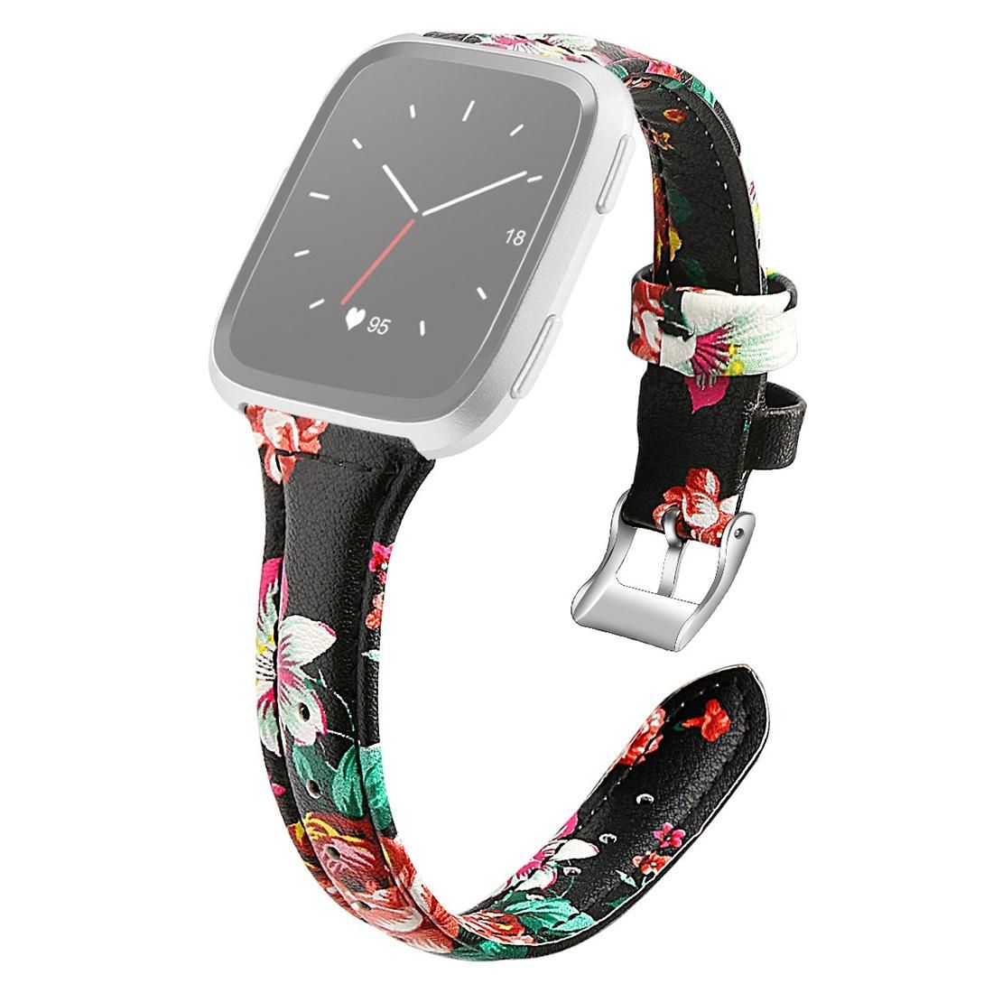 For Fitbit Versa 2 Smart Watch Genuine Leather Wrist Strap Watchband, Shrink Version (Red Flower)