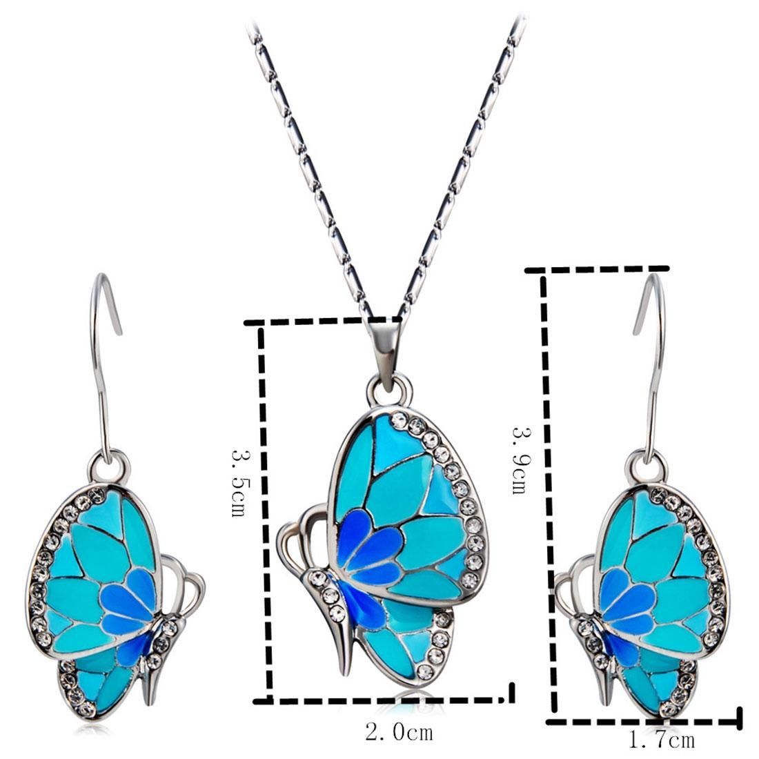 Blue Butterfly Inlaid Alloy Necklace Earring Set for Female, Chain Length: 42cm