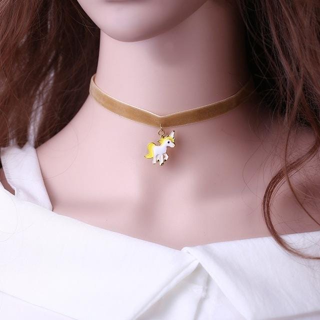 Women Animal Unicorn Lace Choker Necklace Pendant (Brown)