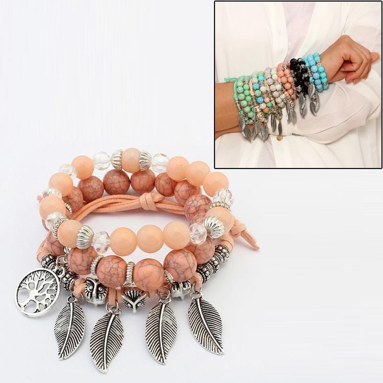 Vintage Ethnic Elasticity Marble Beads Bracelet Boho Leaves Bangle Bracelet (Orange)