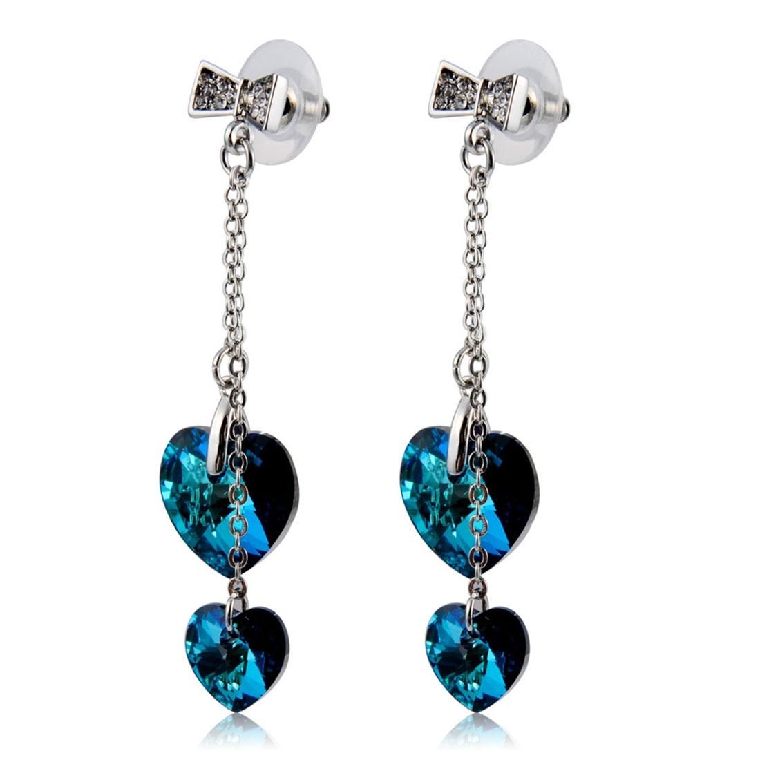 2 PCS Bowknot Double Heart Shaped Crystals Inlaid Earrings for Female