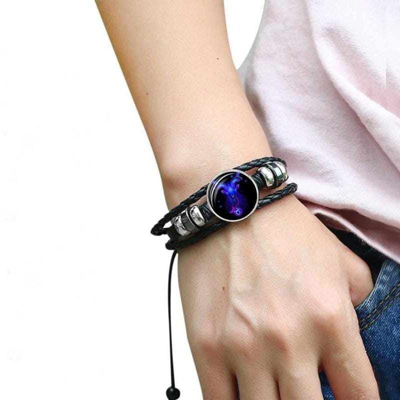 12 Constellation Black Braided Leather Glass Dome Punk Men Bracelet (Capricorn)