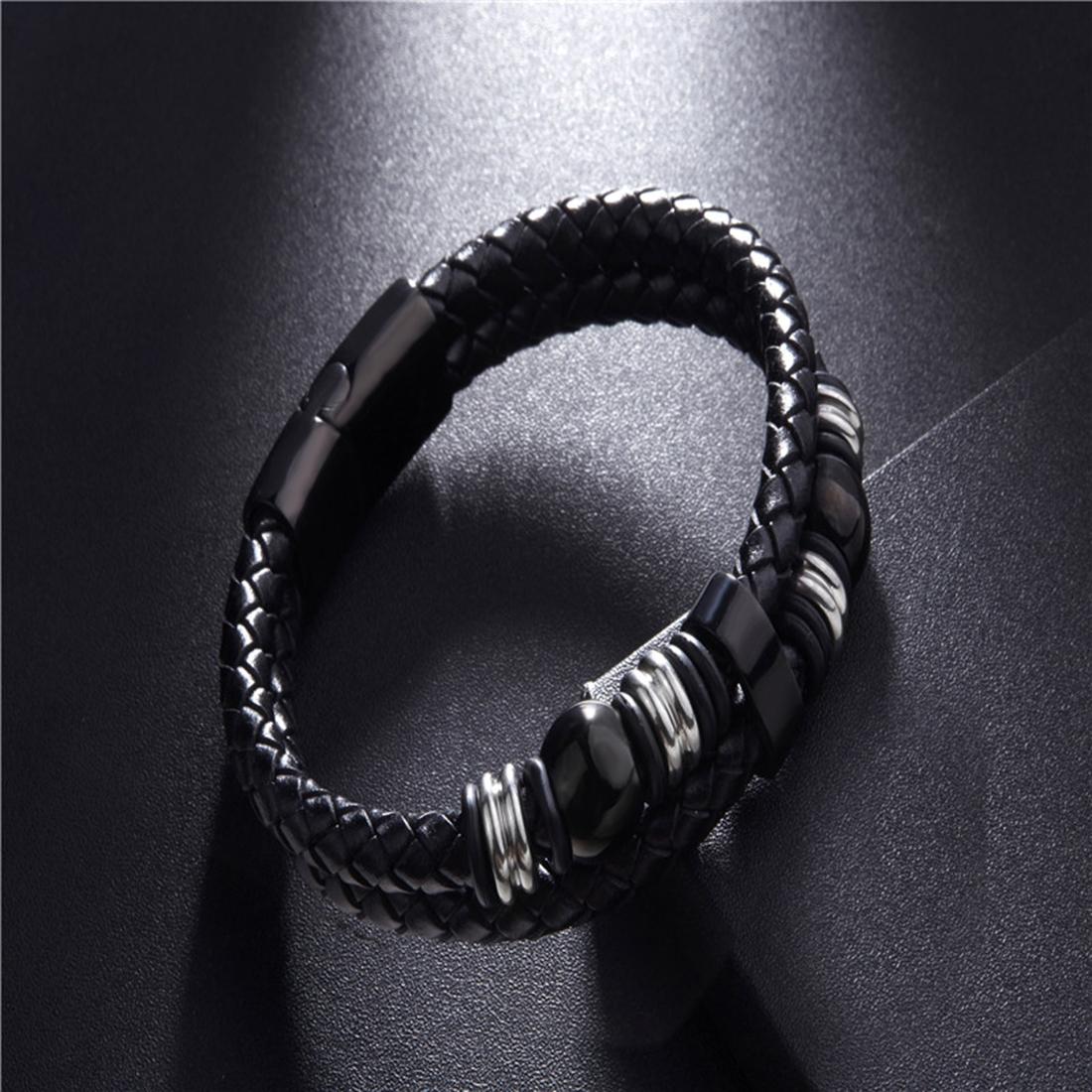 Mens Fashion Jewelry Dual Row Weave Braided Wristband Leather Bracelet, Size: 21.5cm (Black)