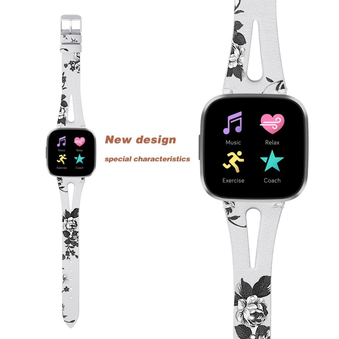 For Fitbit Versa 2 Leather Middle Opening Watch Strap (Black Ash Flower)