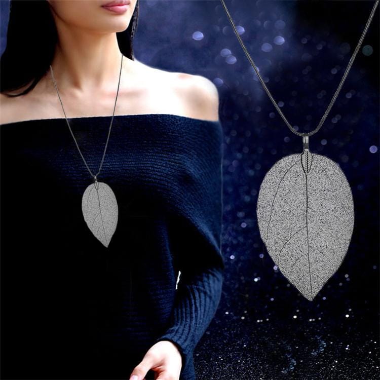 Natural Leaf Pendant Delicate Necklace Filigree Long Bohemian Unique Women Jewelry (Black)