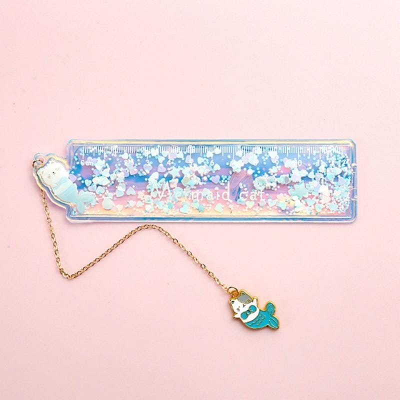 Cute Cartoon Quicksand Drawing Ruler Student Pendant Bookmark Stationery (Blue Fishtail Meow)