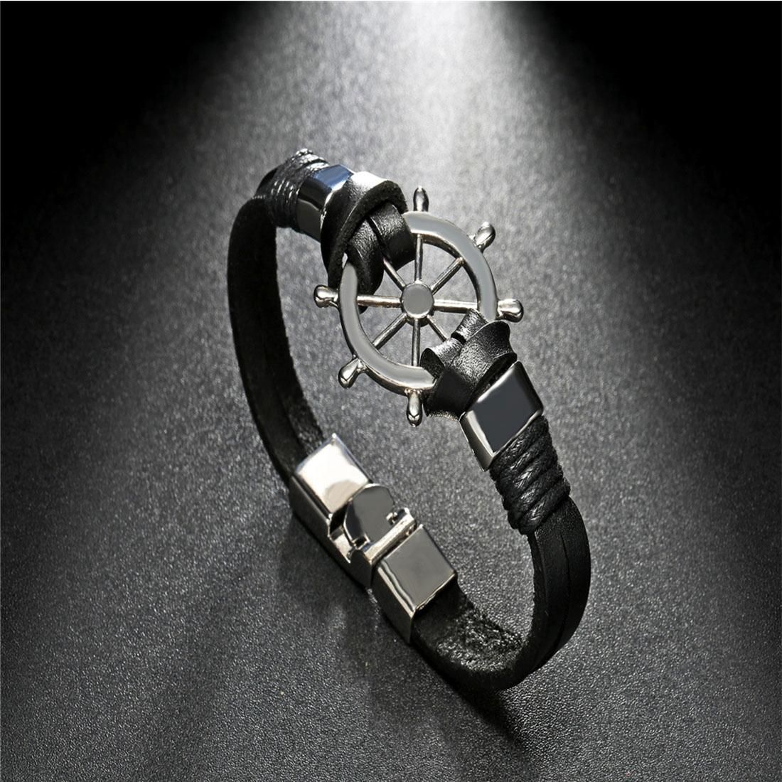 Fashion Men Jewelry Personality Punk Genuine Leather Bracelet Classic Anchor Cowhide Leather Bracelet (Black)