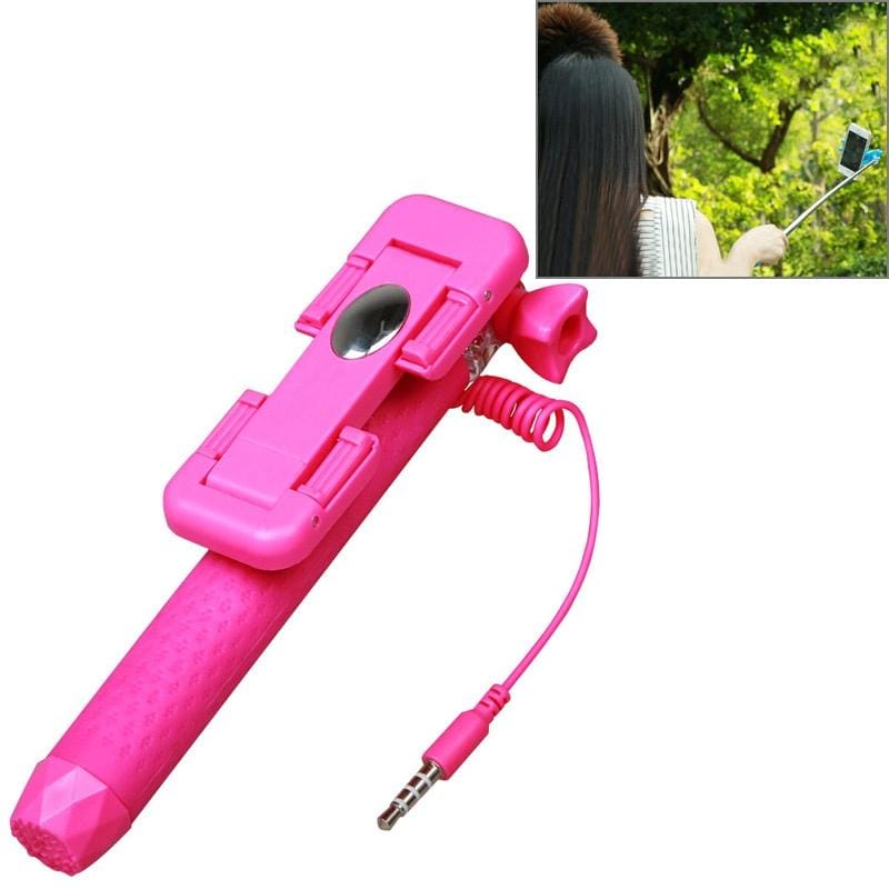 RK-Mini3 Multifunction Wire Controlled Selfie Stick Monopod Extendable Handheld Holder for IOS & Android Phone / GoPro Camera, Max Length: 70cm (Magenta)