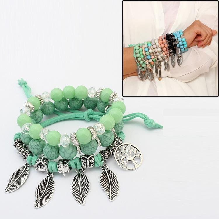 Vintage Ethnic Elasticity Marble Beads Bracelet Boho Leaves Bangle Bracelet (Green)