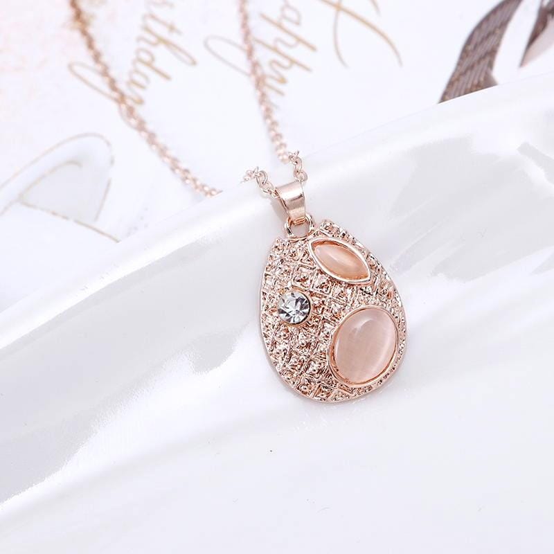 3 in 1 Women Fashion Beautiful Diamond-shape Droplet Type Necklace Earrings Jewelry Set (Rose Gold)