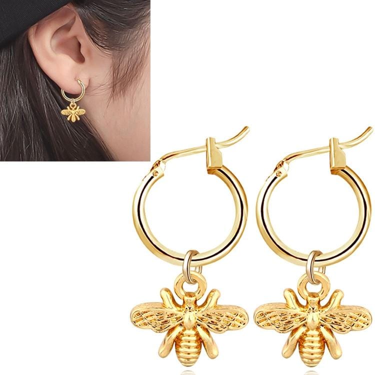 Stereoscopic Trend Cute Bee Hoop Pendant Earrings (Gold)