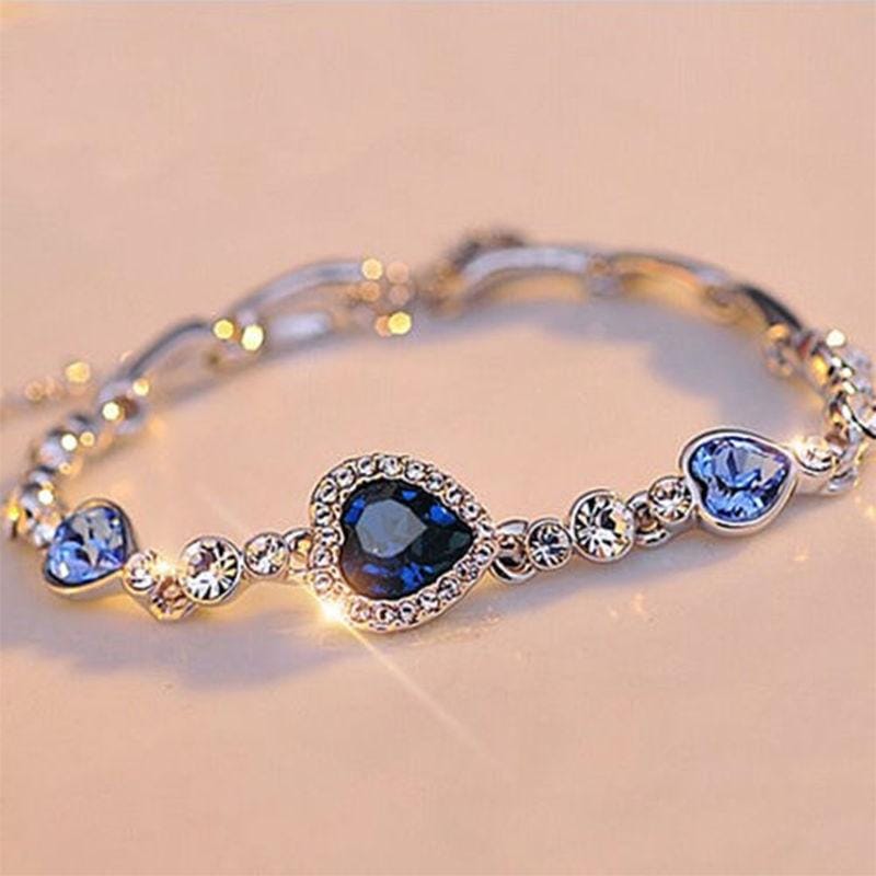 Crystal Rhinestone Heart Simple Bangle Bracelet (Lake Blue)