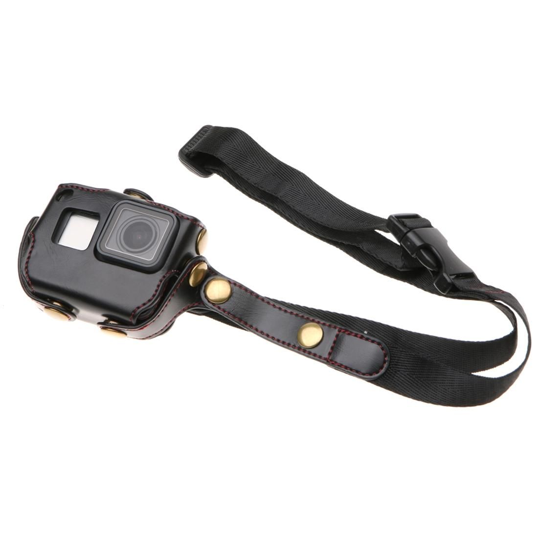 For GoPro HERO7 Black /6 /5  PU Leather Housing Case with Neck Strap & Buttons (Black)