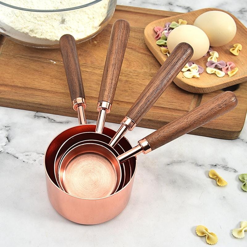 4 PCS / Set Measuring Cup Walnut Handle Copper-Plated Kitchen Baking Tools Bartender Scale Measuring Set