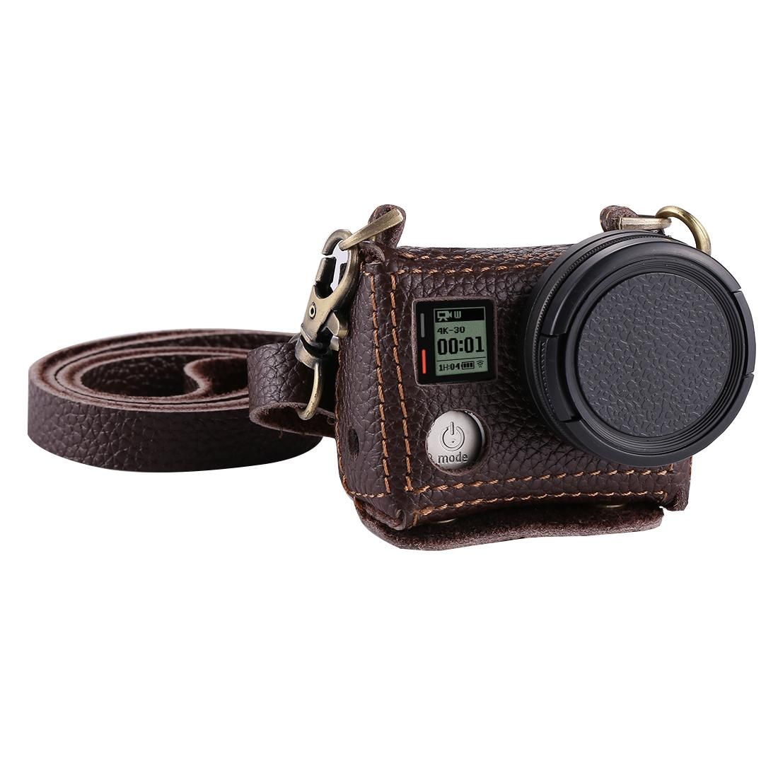 PULUZ for GoPro HERO4 Litchi Texture Genuine Leather Housing Case with Set Key Hole & Neck Strap & 40.5mm UV Lens (Brown)