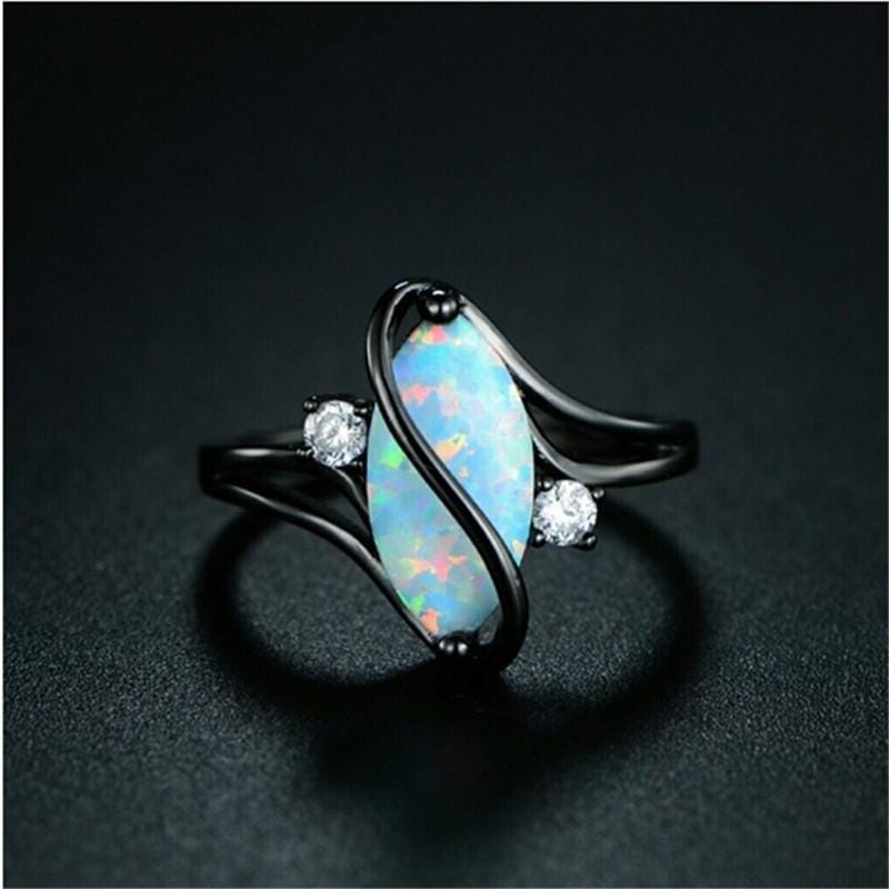 S Shape Opal Stone Black Color Rings Fashion Jewelry For Women, Ring Size:8 (Black)