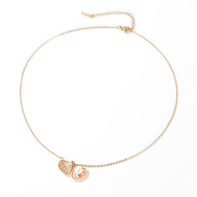 OPK 003 Diamond Shell Pearl Necklace Fan-shaped Pendant Clavicle Chain (Rose Gold)