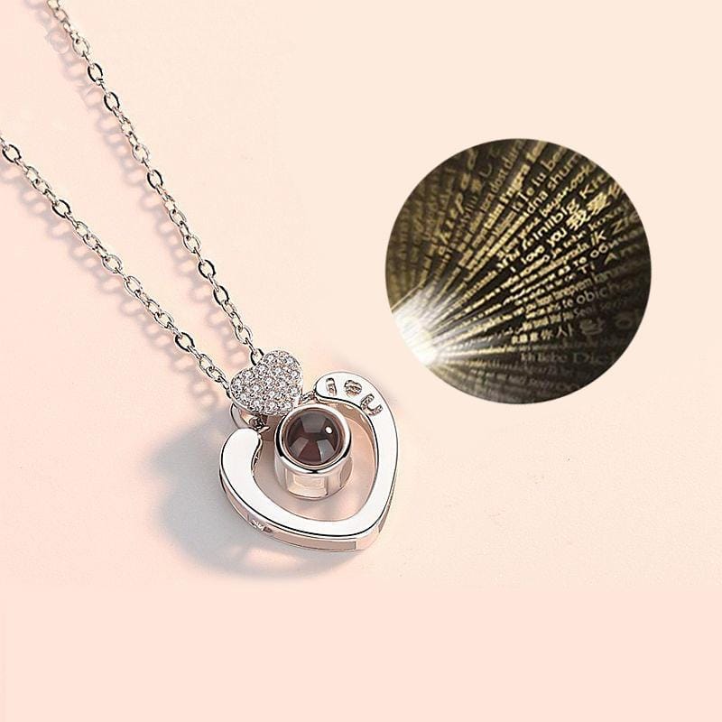 100 Language I Love You Projective Girl Two Heart Pendant Necklace Jewelry (Silver)