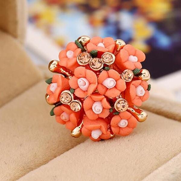 Fashion Ceramic Flower Ring for Women Adjustable Wedding Rings Jewelry (Orange red)
