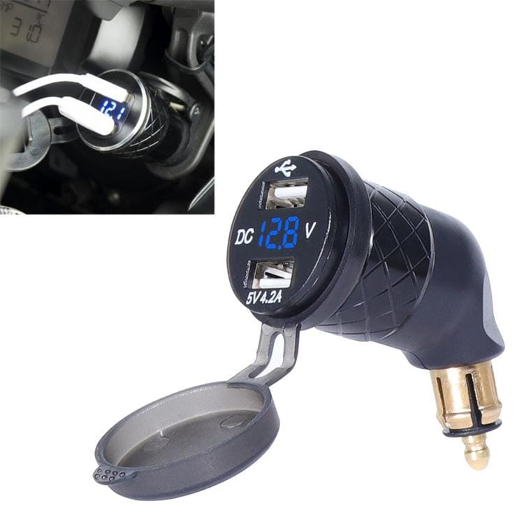 German EU Plug Special Motorcycle Elbow Charger Dual USB Voltmeter 4.2A Charger, Shell Color:Black (Blue Light)