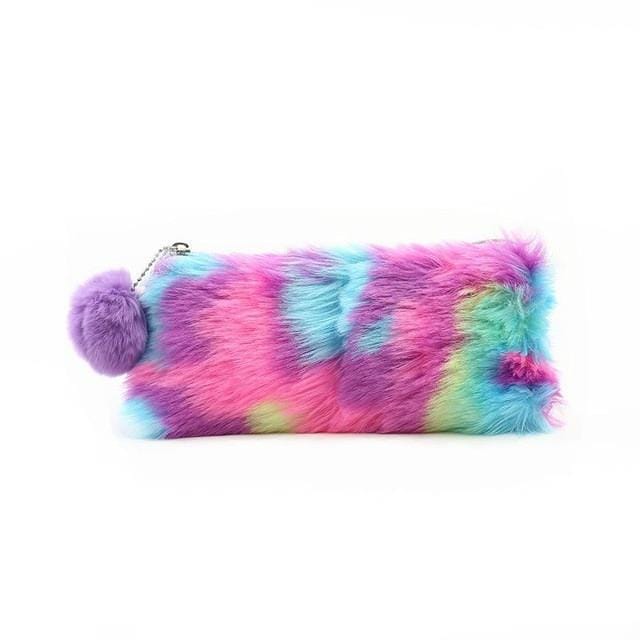 Plush Pencil Case Rainbow Pencilcase School Supplies Girl Stationery Gift (1)