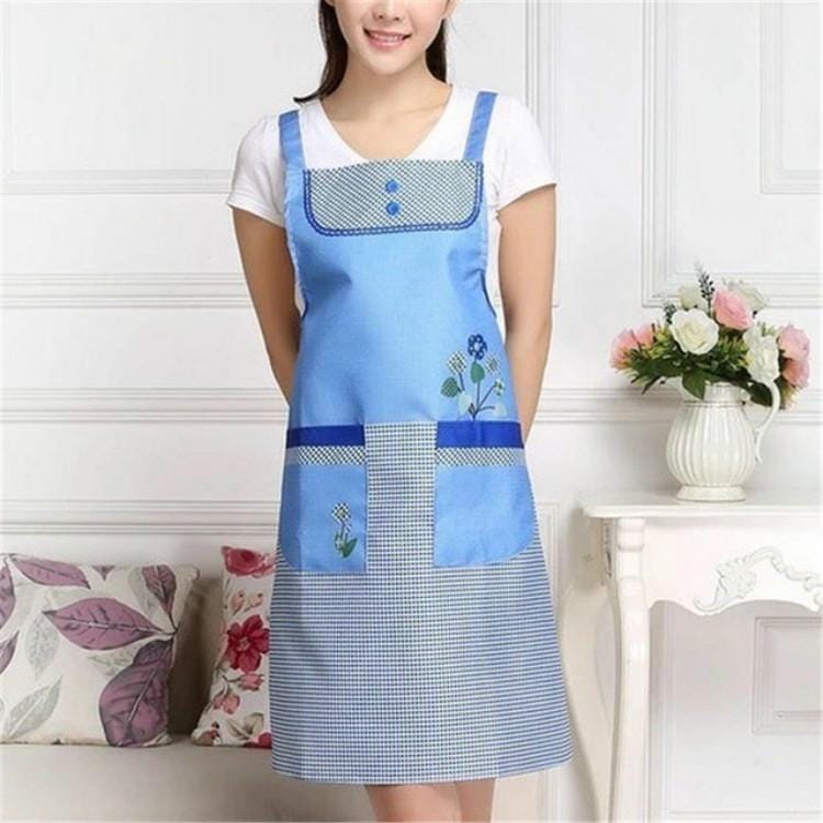 Home Adult Sleeveless Waterproof Grid Anti-oil Aprons with Double Pocket (Blue)
