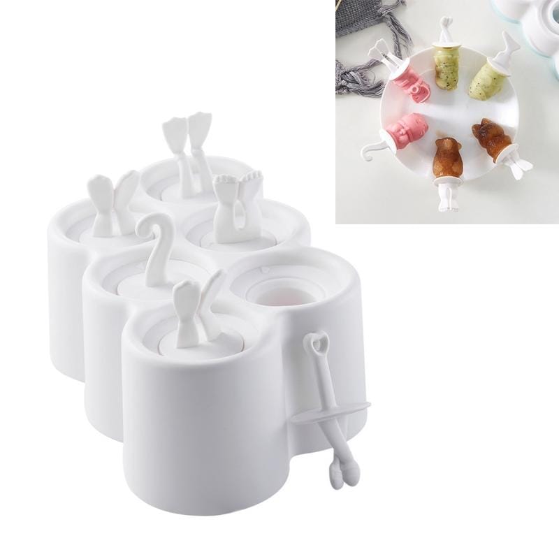 Creative Cartoon Feet Shape Silicone Ice Cube Mold Set Household Frozen Ice Lattice Refrigerator Square Plastic Ice DIY Food Supplement Box with Lid, Style:Without 6 Handles (White)