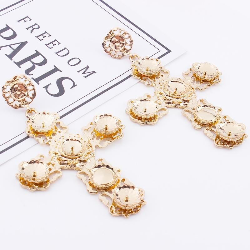 Vintage Earrings Boho Crystal Cross Drop Earrings Jewelry (Gold)