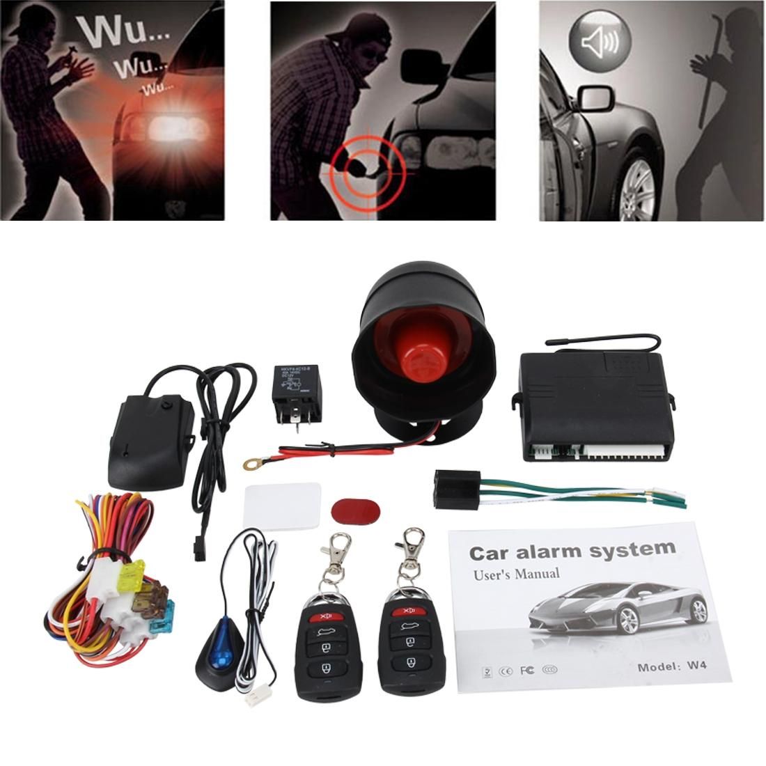 Car Safety Warning Alarm System Car Alarm Security System with Two Remote Controls, DC 12V