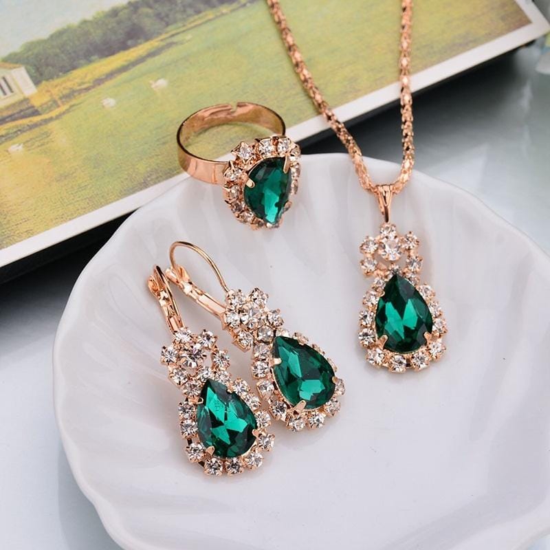 3 in 1 Gold Chain Water Drop Shape Crystal Earrings Necklace Adjustable Rings Set Women Jewelry Sets (Green)