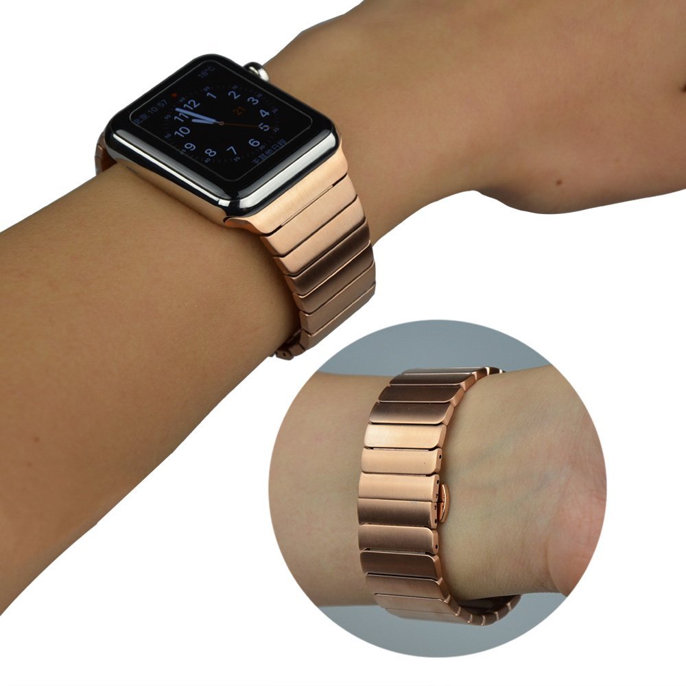 Solid Stainless Steel Link Bracelet Watch Strap for Apple Watch Series 8 7 41mm / Series 6 SE / SE(2022) 5 4 40mm / Series 3 2 1 38mm - Rose Gold Color - UNIQBUY