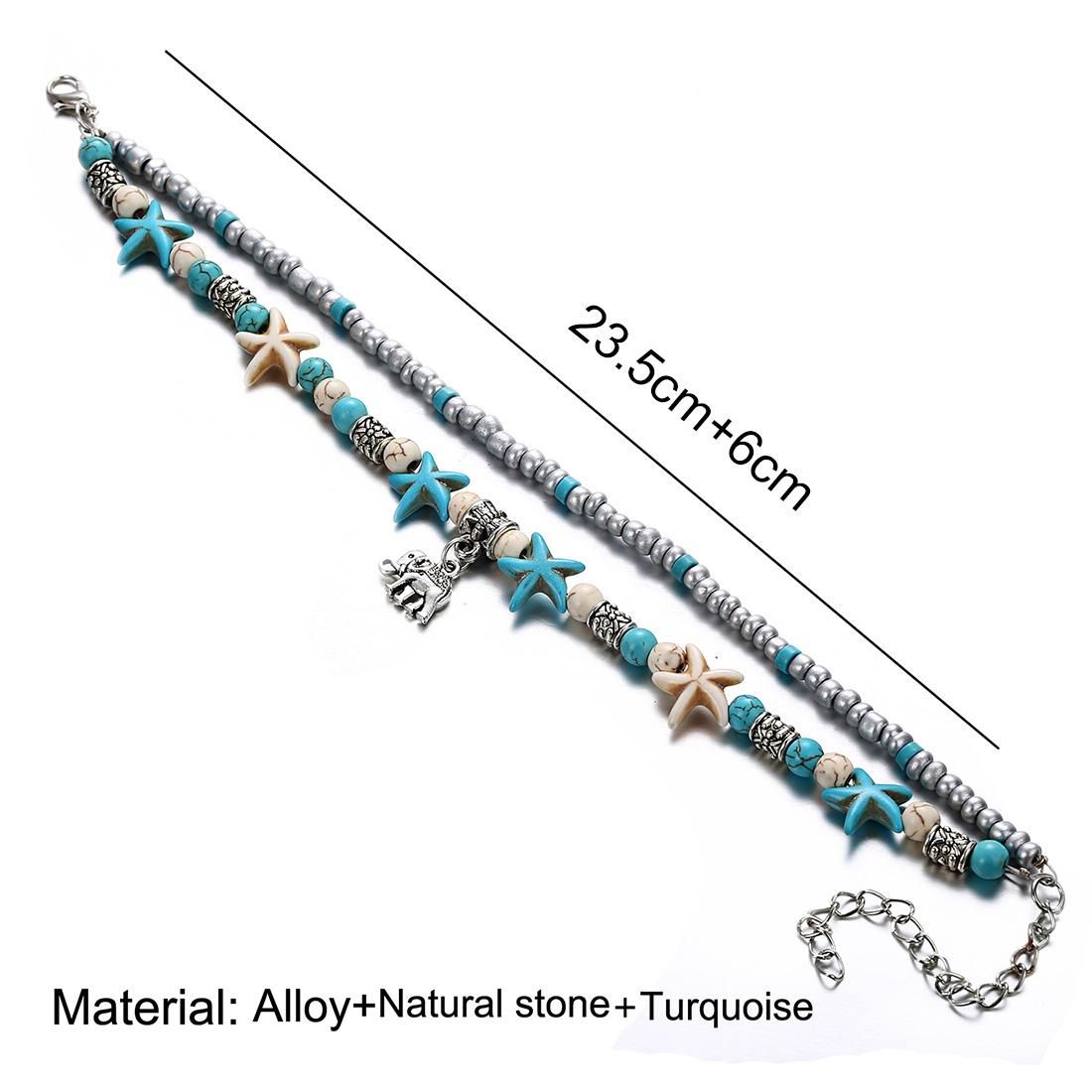 Vintage Shell Starfish Sea Beads Turquoise Beads Anklets Dual-Layer Anklet  Bracelets (Anchor)
