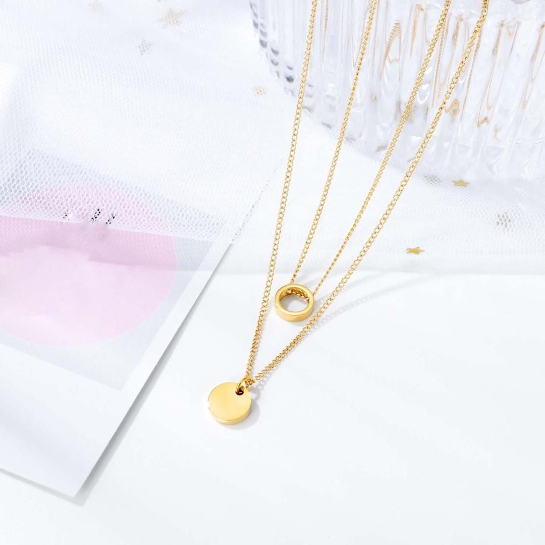OPK 1657 Simple Double-layer Ring Necklace Geometric Round Pendant Clavicle Chain Jewelry