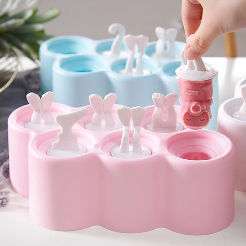 Creative Cartoon Feet Shape Silicone Ice Cube Mold Set Household Frozen Ice Lattice Refrigerator Square Plastic Ice DIY Food Supplement Box with Lid, Style:Without 6 Handles (Light Blue)
