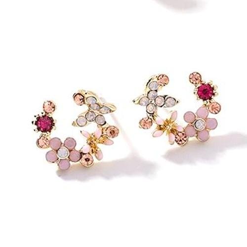 Rhinestone Wreath Stud Earrings For Women Sweet Flower Shell Small Cirlce Jewelry (shell Flora full circle)