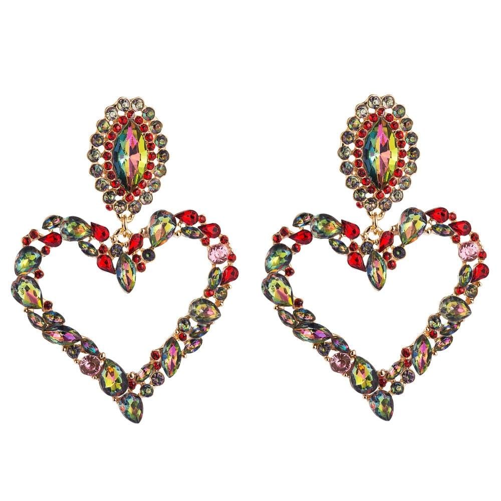 2 PCS Heart Shaped Alloy Retro Earrings With Colored Rhinestone Flashing Full Rhinestone Earrings (Red)